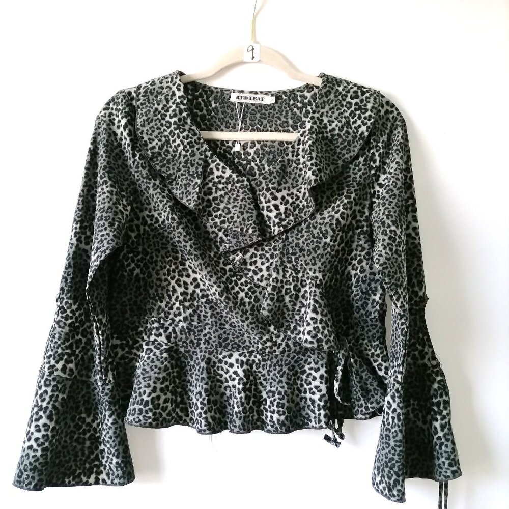 Red Leaf Womens Black Gray Tie Bell Sleeve Peplum Leopard Blouse Top Size S
